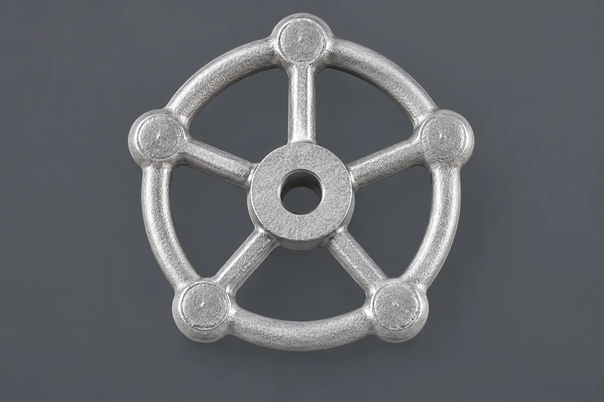 Spoked circular component with a central hub bore and outer mounting regions