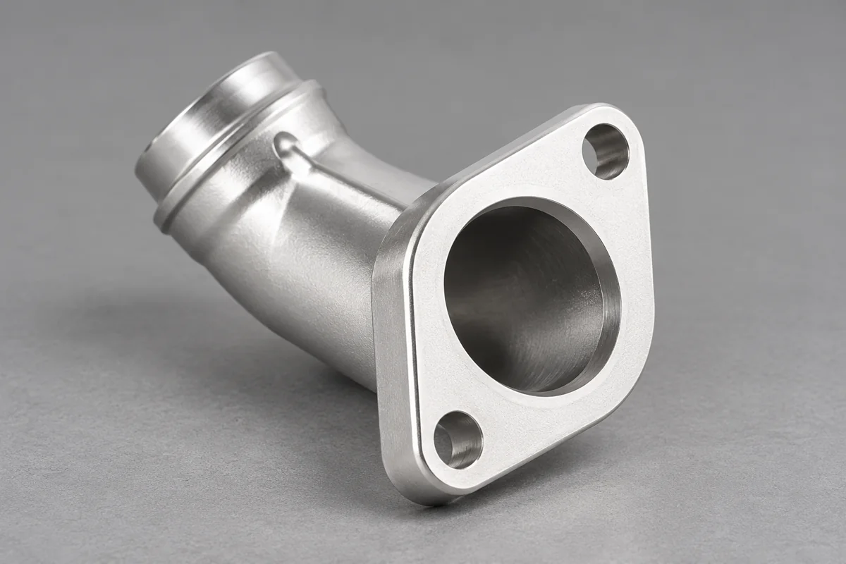 Angled hollow connector with a triangular two-hole flange and a round tube neck