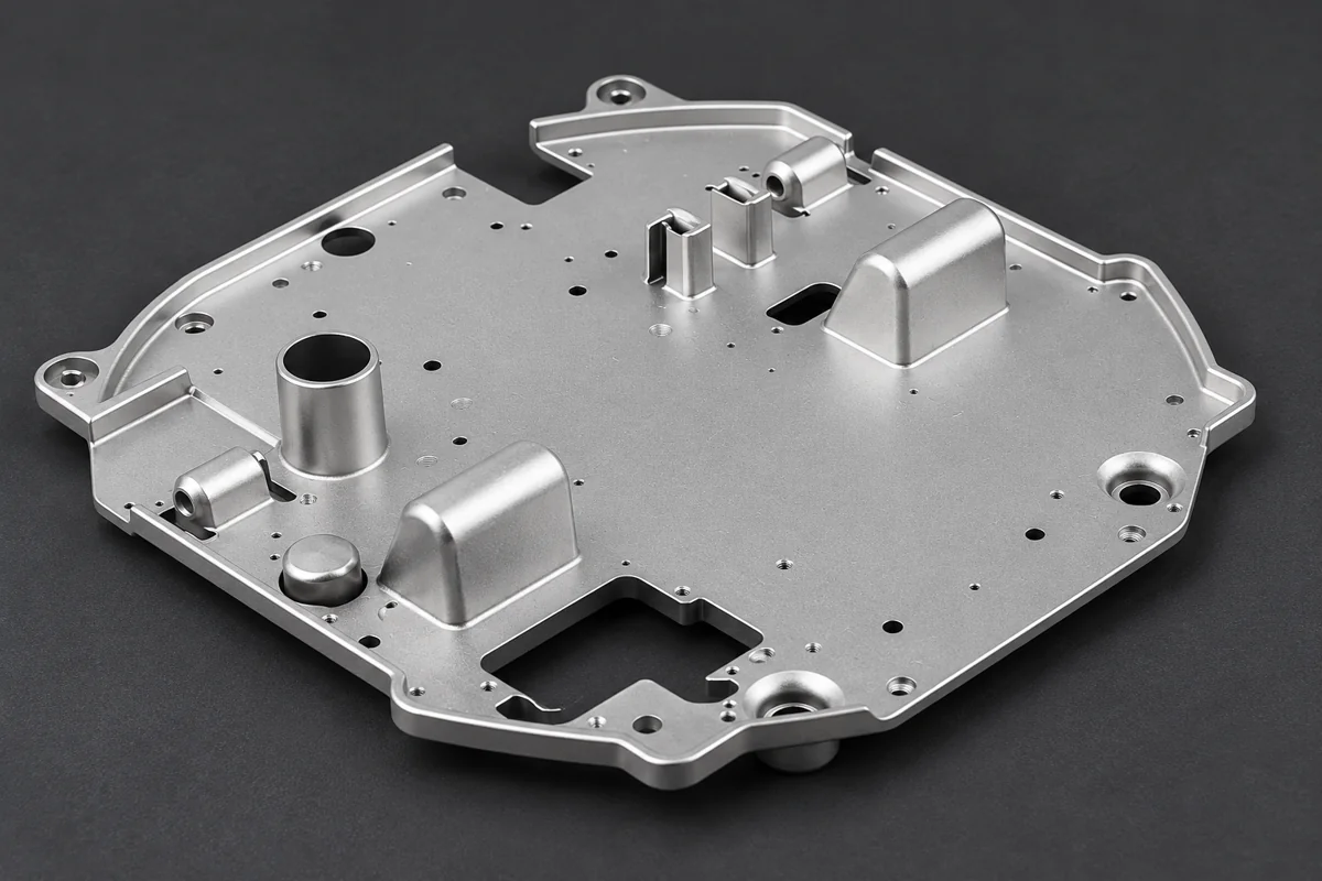 Broad shallow plate with raised bosses, mounting ears and perimeter walls