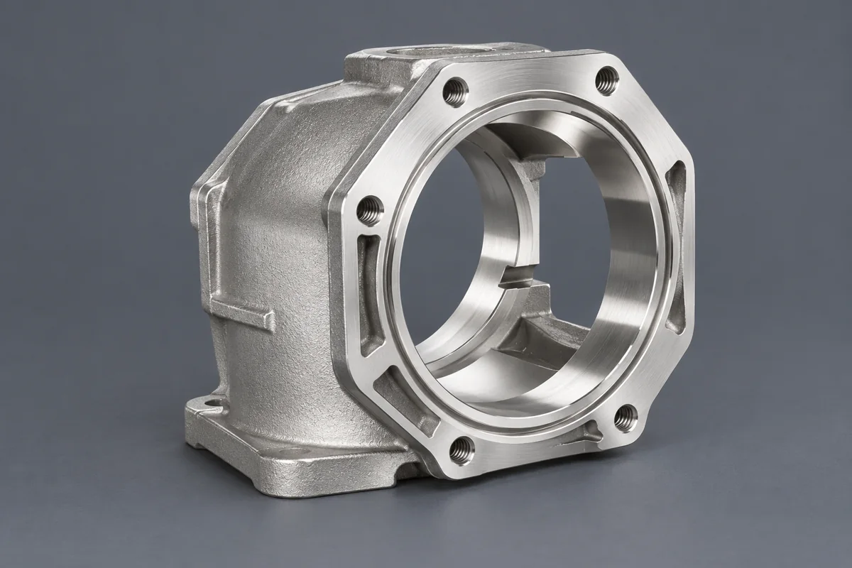 A pump housing form combines an outer mounting frame with a central opening.