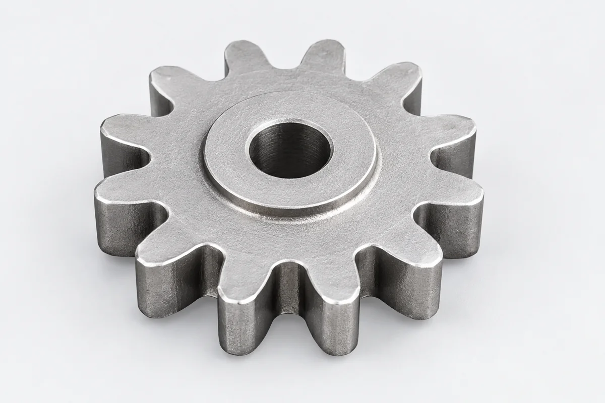 External-tooth gear with a raised hub and central bore