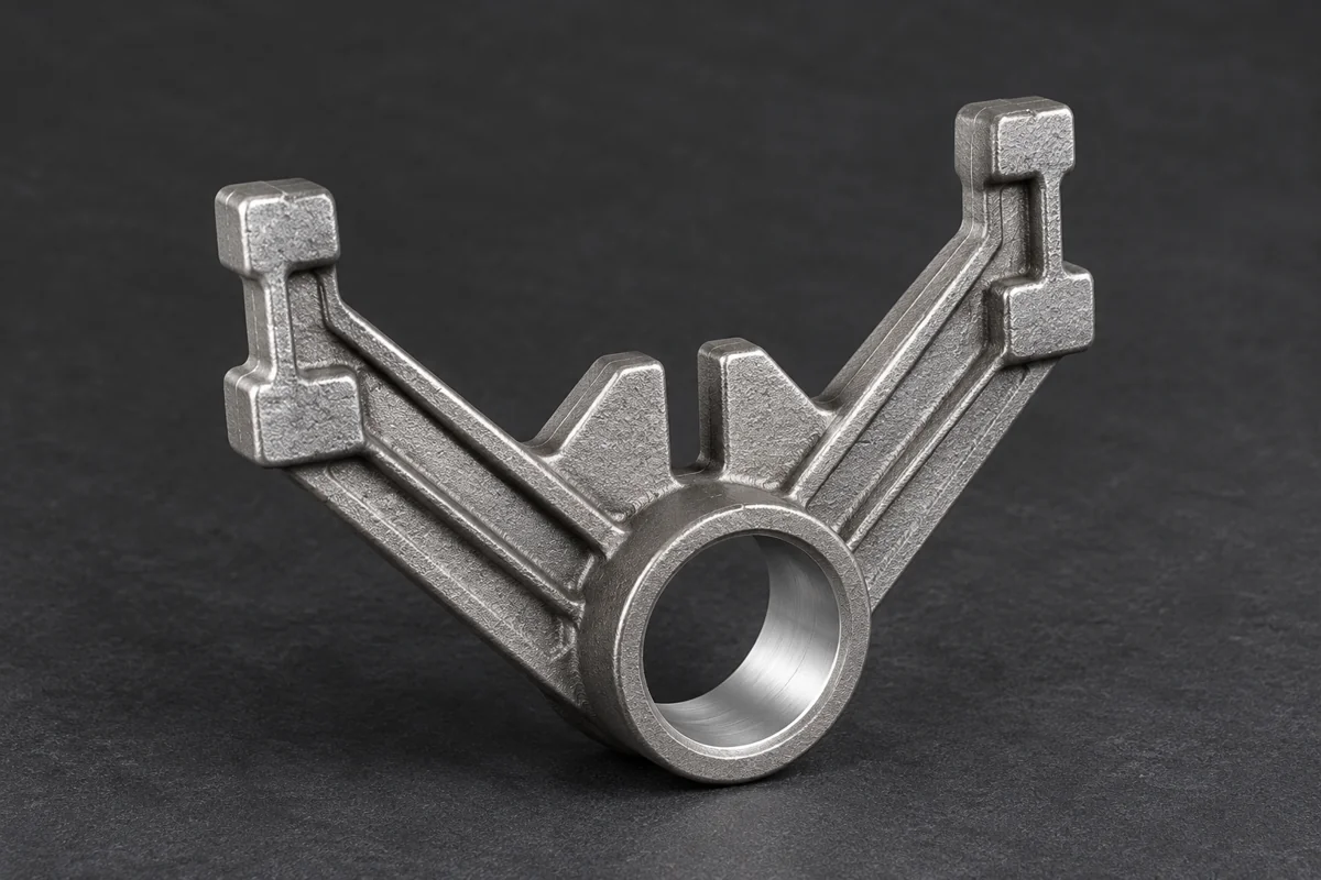 Fork-shaped ribbed support with central bore and raised arms