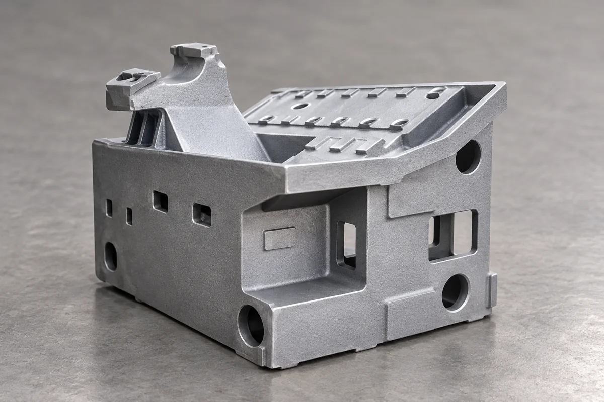 Open box-shaped structural casting with wall windows and stepped upper edges