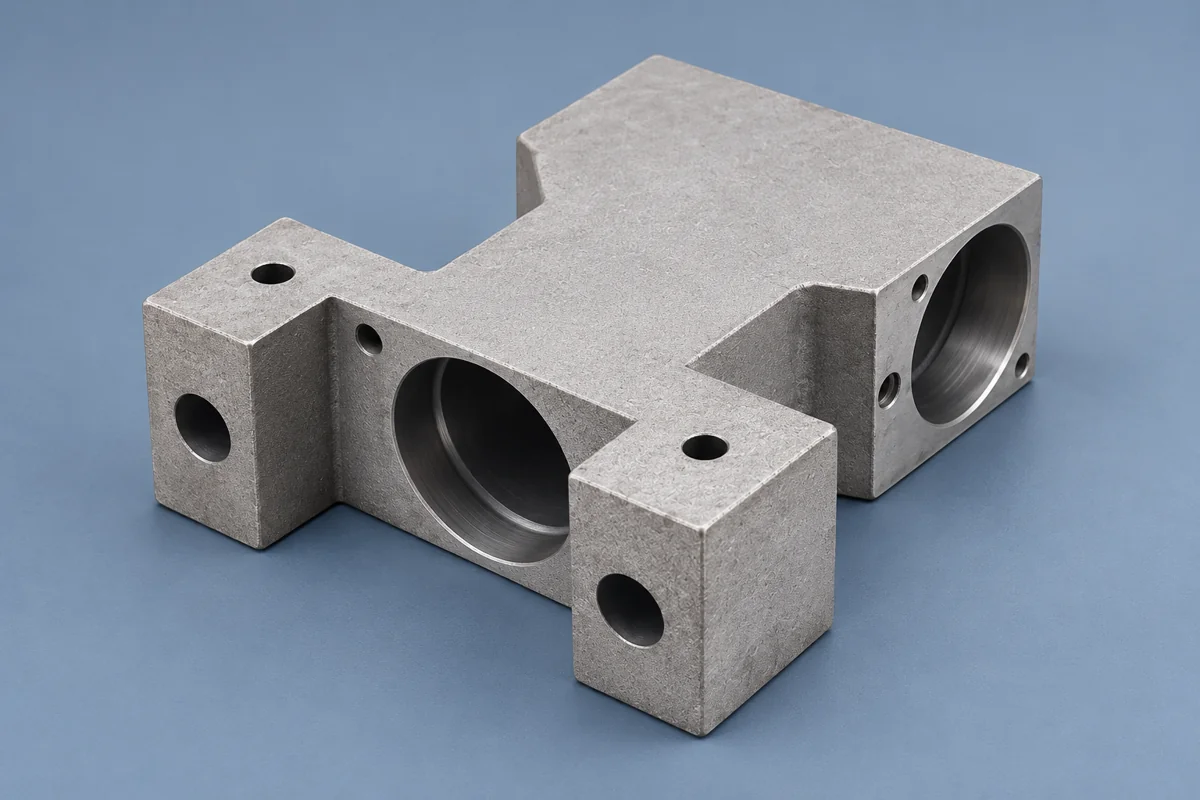 Block-shaped component with projecting ears and large openings on two faces