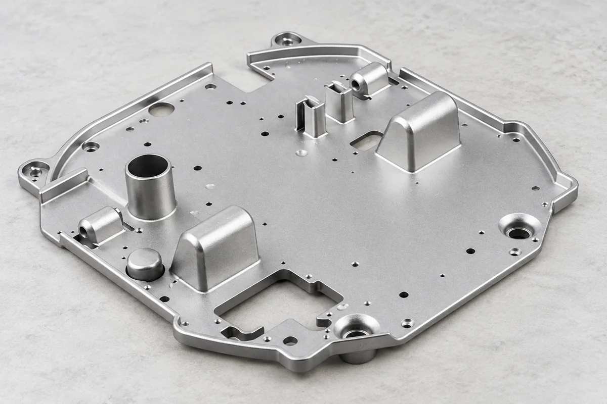 Broad shallow mounting plate with raised perimeter, projecting ears and cylindrical bosses