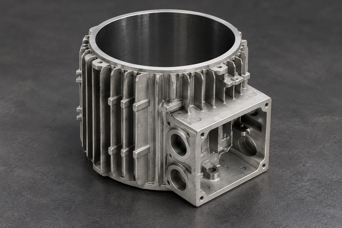 A ribbed housing concentrates material around its working interfaces.