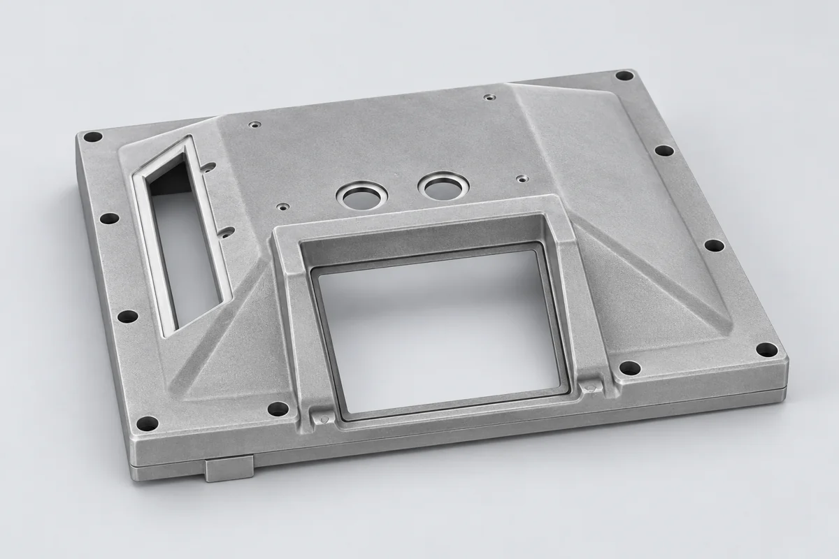 Rectangular equipment panel with large window, slot and round openings