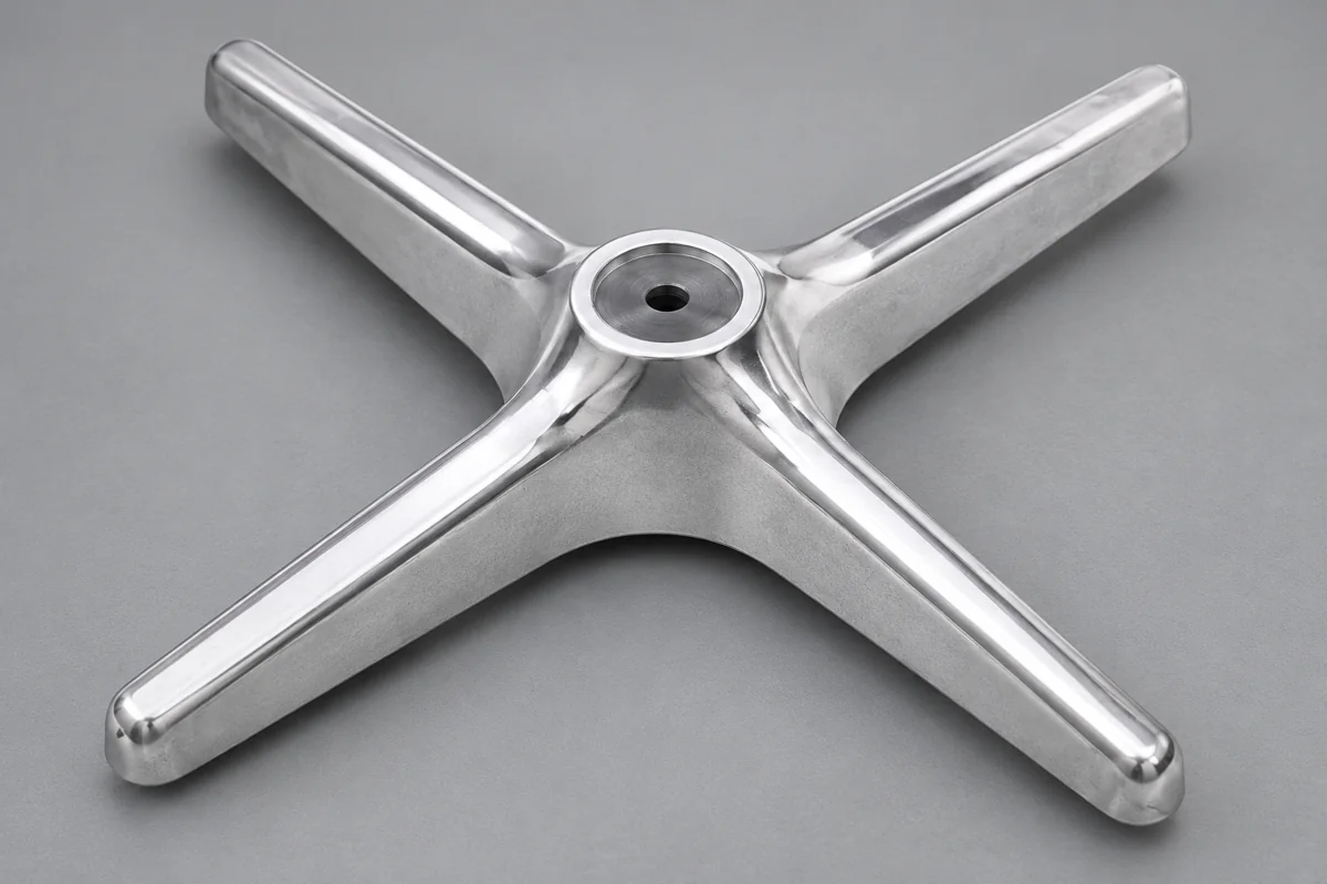 Four-arm hub support with a central bore and long ribbed arms