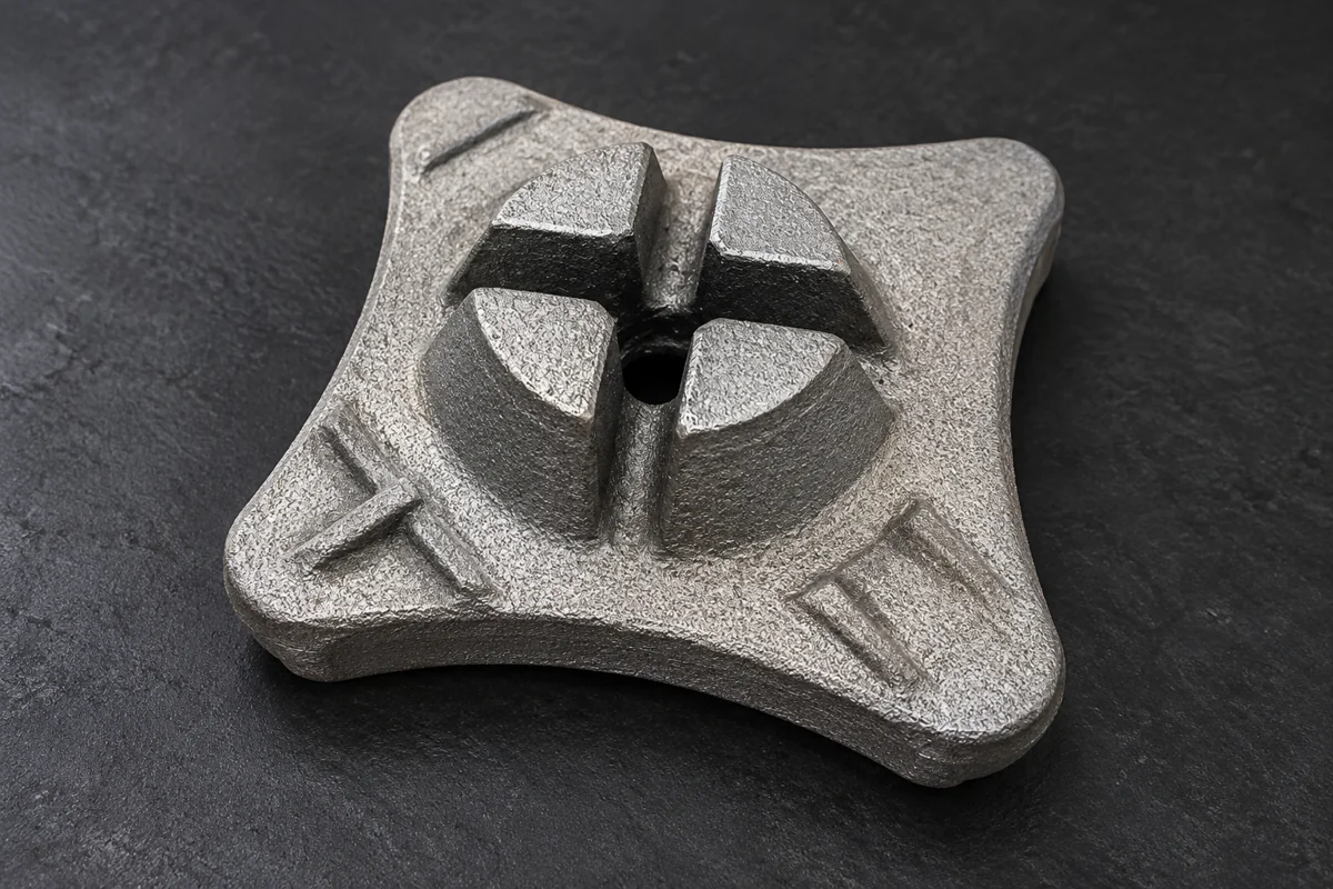 A ribbed base connects slender local features to a heavier central region.