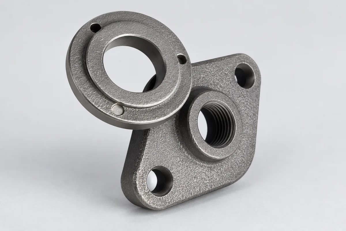 Angled flanged connector with a circular collar and two-hole fixing flange