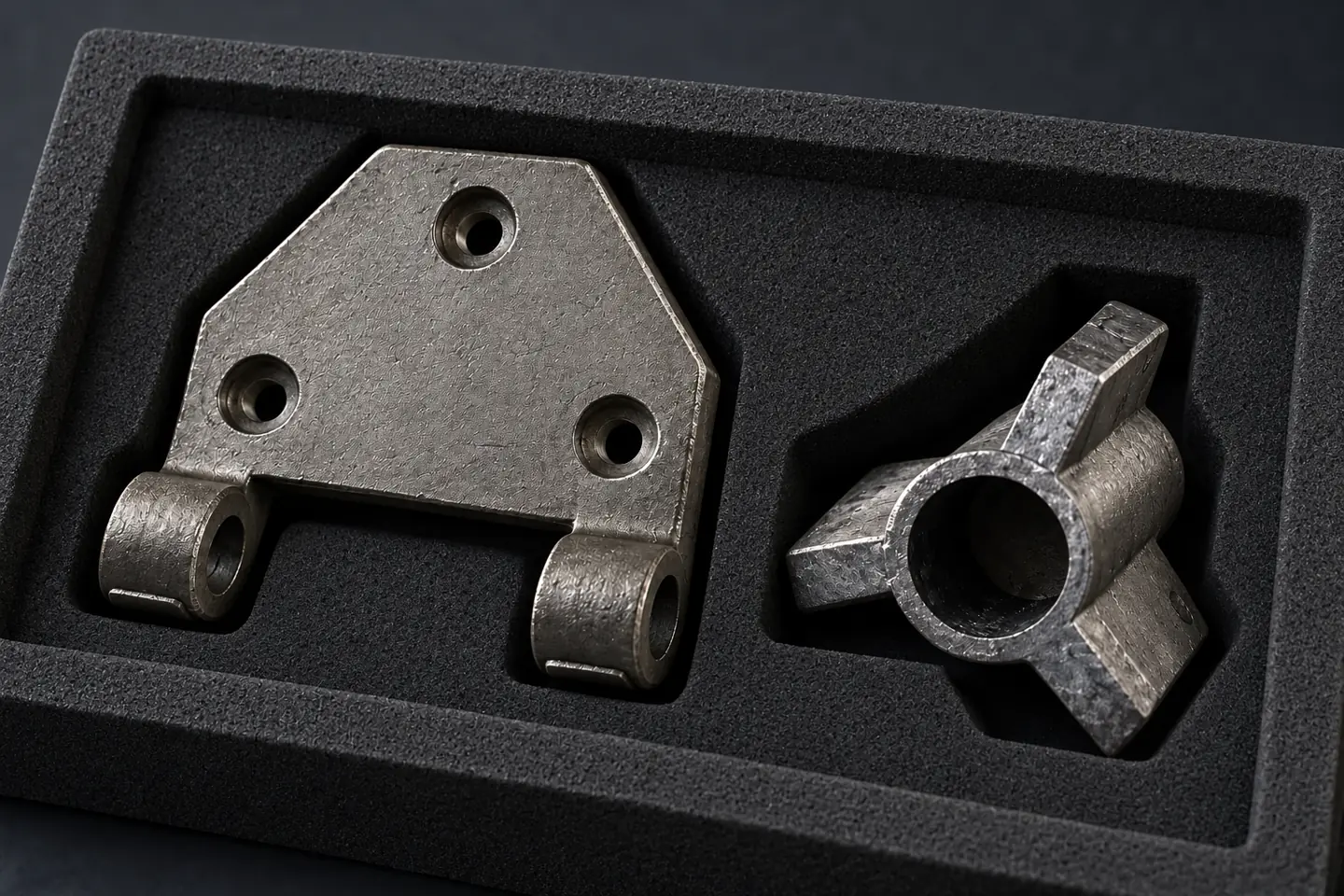 AI illustration of separated bracket and bushing components for a packing discussion; not an actual shipment.